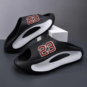Stylish 23 Print Cloud Slides for Men Breathable Open-Toe Soft EVA Material Chunky Sole Ideal for Indoor Outdoor Beach Daily Wear Casual Plain Color Slide Black