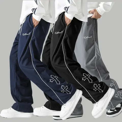 Men's Y2K Cross Print Baggy Parachute Pants - Elastic Waist Wide Leg Streetwear Joggers with Drawstring
