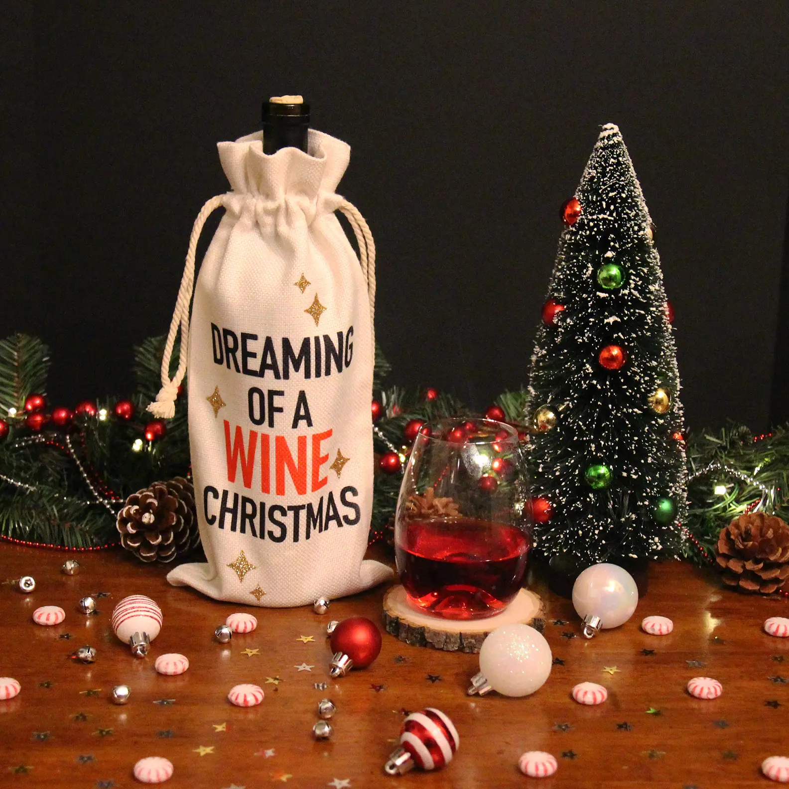 Dreaming of a Wine Christmas Wine Bottle Bag - Liquor Sublimation Printed Bottle Bag - Festive Canvas Bag - Celebration Liquor Gifting Bag