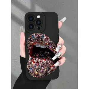 1pc Sexy Diamond Lip Print 2D Pattern Creative Vintage Art Style Phone Case, Suitable For GiftingTo Family, Couples, Birthdays, Soft Protective Case Suitable For IPhone17/16 Pro Max/15 Pro Max/14 Pro Max/13 Pro Max/12 Pro Max Waterproof  Scratch Resistant