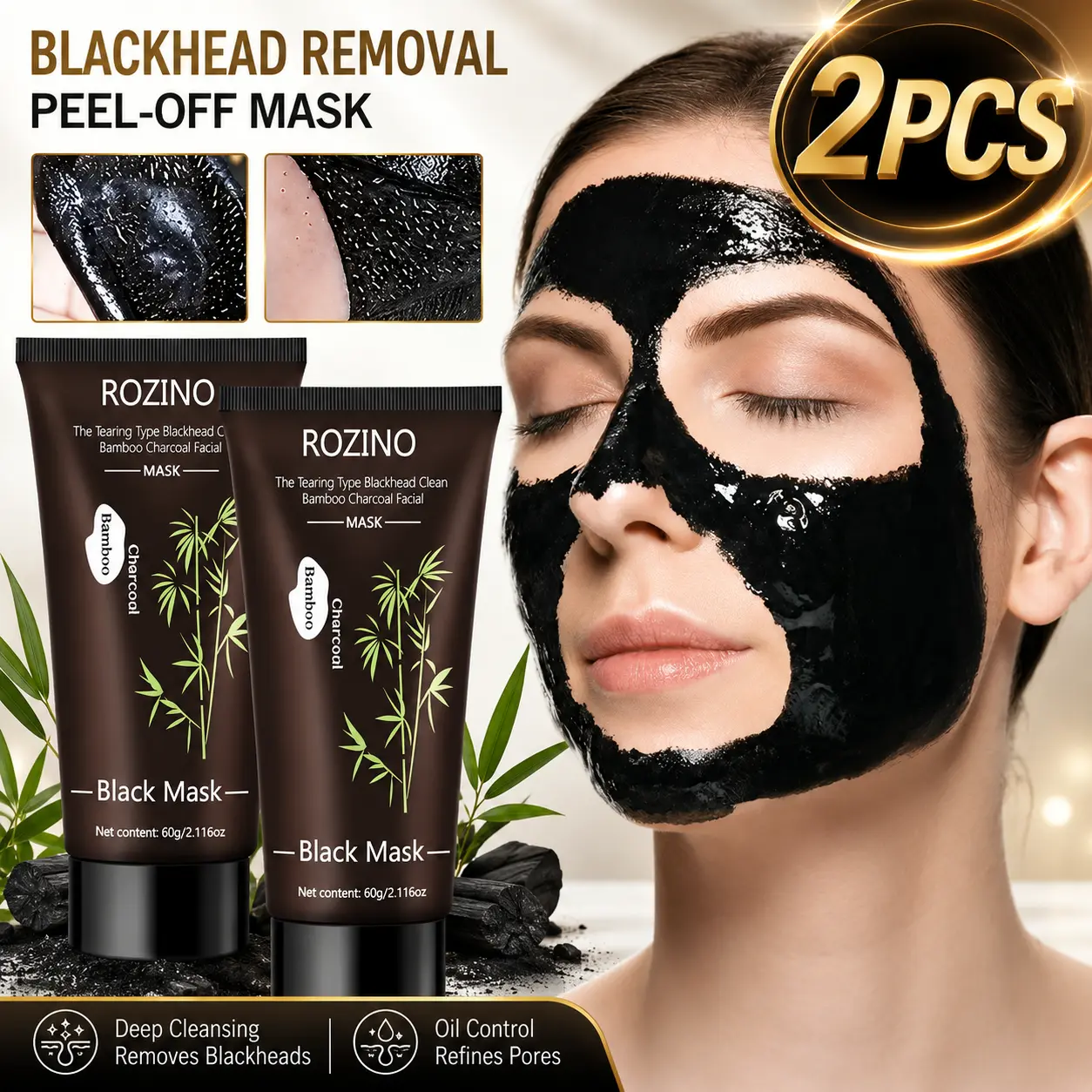 [2 Packs] ROZINO Bamboo Charcoal Peel-Off Facial Mask, 60g Gentle Peeling Skincare, Deep Clean Blackhead Removal, Exfoliating Pore Purifying, Daily Hydrating Clay Face Mask for Radiant Skin, Pore Cleansing