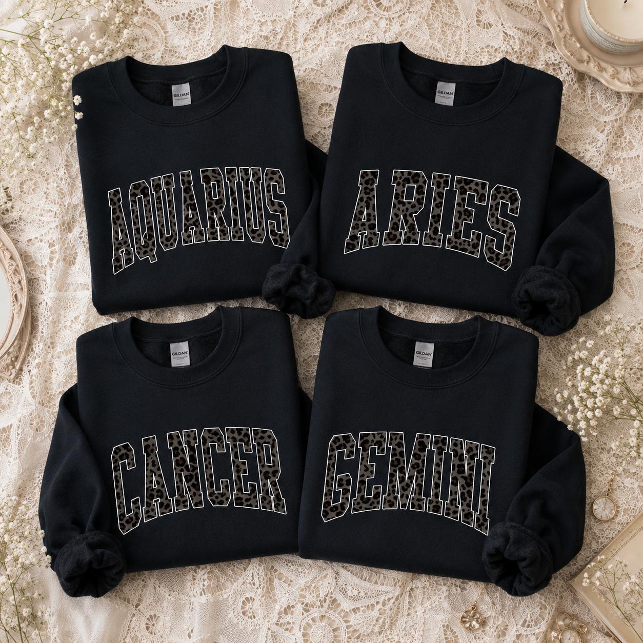 Leopard Zodiac Sweatshirt, Aquarius Aries Cancer Gemini Crewneck, 12 Zodiac Signs Sweatshirt, Astrology Graphic Pullover, Unisex Horoscope Sweatshirt, Celestial Birthday Gift for Her, Star Sign Sweatshirt – DPCLICK