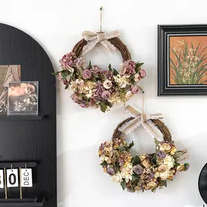 Handmade front door wreath, vintage rose and hydrangea vine wreath, suitable for rustic wall decoration in home weddings and living rooms