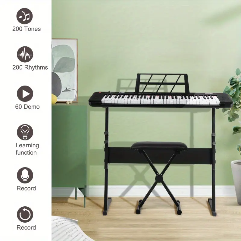 61-Key Digital Piano Keyboard Set for Music Learning, Featuring Lighted Keys, LCD Screen, Microphone, Headphones, Teaching Modes, Stand, Bench, Built-In Speakers