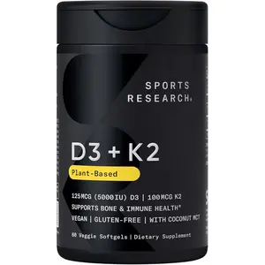 Sports Research Vitamin D3 + K2 w/ Coconut Oil - Vegan Vitamin D 5000iu & Mk7 Vitamin K 100mcg for Bone & Immune Support - Vegan Certified · Non-GMO · Soy Free - 60 Softgels | Plant-Based Vitamin D 5000iu/125mcg & Soy-Free Vitamin K 100mcg