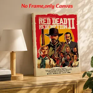 Western Wall Art, Red Dead Redemption 2 Game Cover Poster, Retro Western Graphic Printing, Red And Beige Canvas Decoration, Game Room & Man Cave Aesthetic, Perfect Gift For Gamers, Decorative Artwork, Framed.