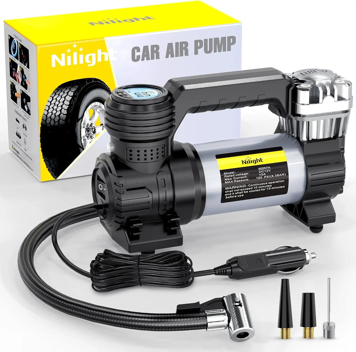 Nilight 12V Heavy-Duty Double 30mm Cylinder Digital Tire Inflator Tool, 150PSI Metal Tire Pump with Compact Portability, Quick-Inflate (Less Than 2 Minutes), Auto Shutoff for Car, SUVs