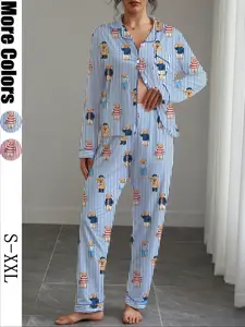 Women's Fall Winter Home Set, Cute Bear Print, Soft Fabric, Party Sleepwear, Pajamas, Buttoned Long Sleeve Top and Elastic Pants, Casual Outdoor Wear