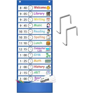 Daily Schedule Pocket Chart, 13+1 Pocket Visual Schedule Chart, 18 Double-Sided Blank Reusable Dry-Eraser Cards, Educational Schedule Chart