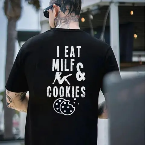 Men's Classic Soft Cotton Crewneck Short-Sleeve Printed Tee - Unisex Casual Clothes with "I Eat Milf & Cookies" Prints