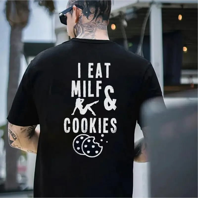 Men's Classic Soft Cotton Crewneck Short-Sleeve Printed Tee - Unisex Casual Clothes with "I Eat Milf & Cookies" Prints