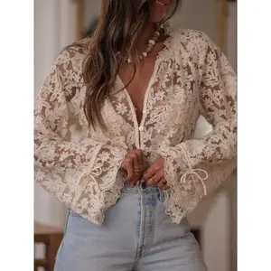 Elegant women’s sheer embroidered lace collar long-sleeve ruffle-sleeve cardigan top, stylish ladies’ fashion outerwear