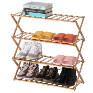 212 MAIN Bamboo Foldable 4-Tier Free Standing Shoe Rack, X-Shape Pre-Assembled Indoor Furniture Shoe Organizer with Natural Look