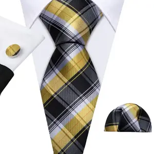 Classic Black Yellow Silk Tie For Men With Pocket Square Cufflink Set Plaid Woven Necktie Business Designer Party Barry.Wang