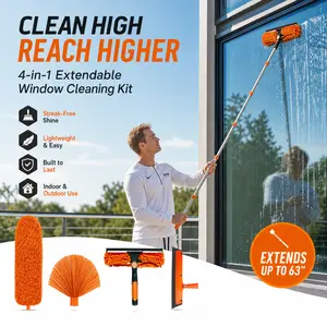 20+ FT High Reach Dusting & Window Cleaning Kit – Spliceable Extension Pole (3-14 ft), Includes Squeegee, Cobweb Duster, Fan & Feather Duster – Ceiling, Fan, Corner Cleaning