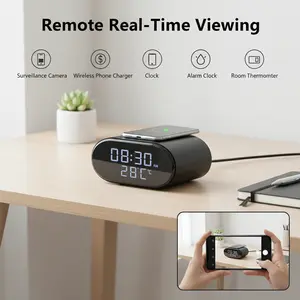 Ouvis 5-in-1 WiFi with Wireless Charger, 4K UHD, Remote Viewing via Mobile App, Clock, Alarm, Room Thermometer, Motion Detection, Local & Cloud Storage, Home Office Hotel Use