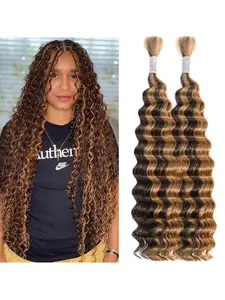Honey Blonde Ombre Braiding Hair 100g FULL BULK, 4/27 Human Curly Hair for Boho Braids, Deep Wave Human Braiding Hair No Weft Blonde Highlight Brown Colored Boho Curls Hair Extension