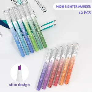 High Lighter Marker 12-Pcs Slim Design Double-Ended Highlighter Color-Stacking Pen Set for Marking Sketching Postcard Writing & Designing