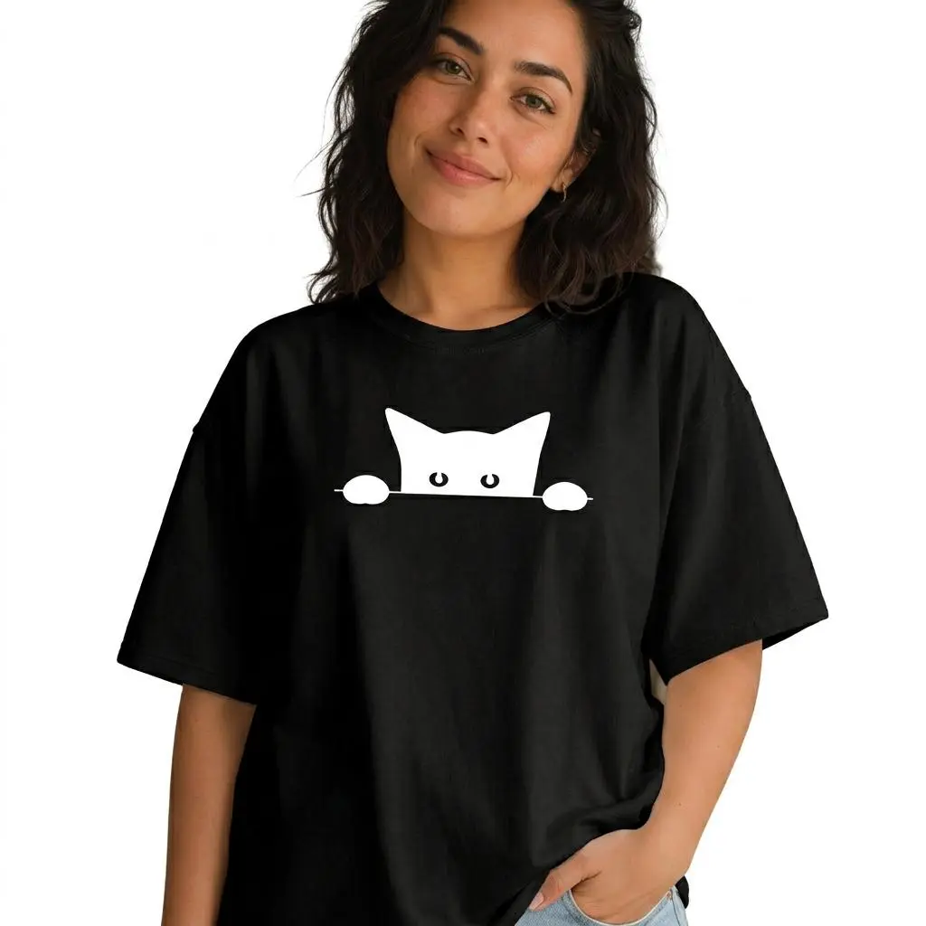 Peeking Black Cat Shirt Women Plus Size Minimalist Cute Cat Mom Graphic Tee