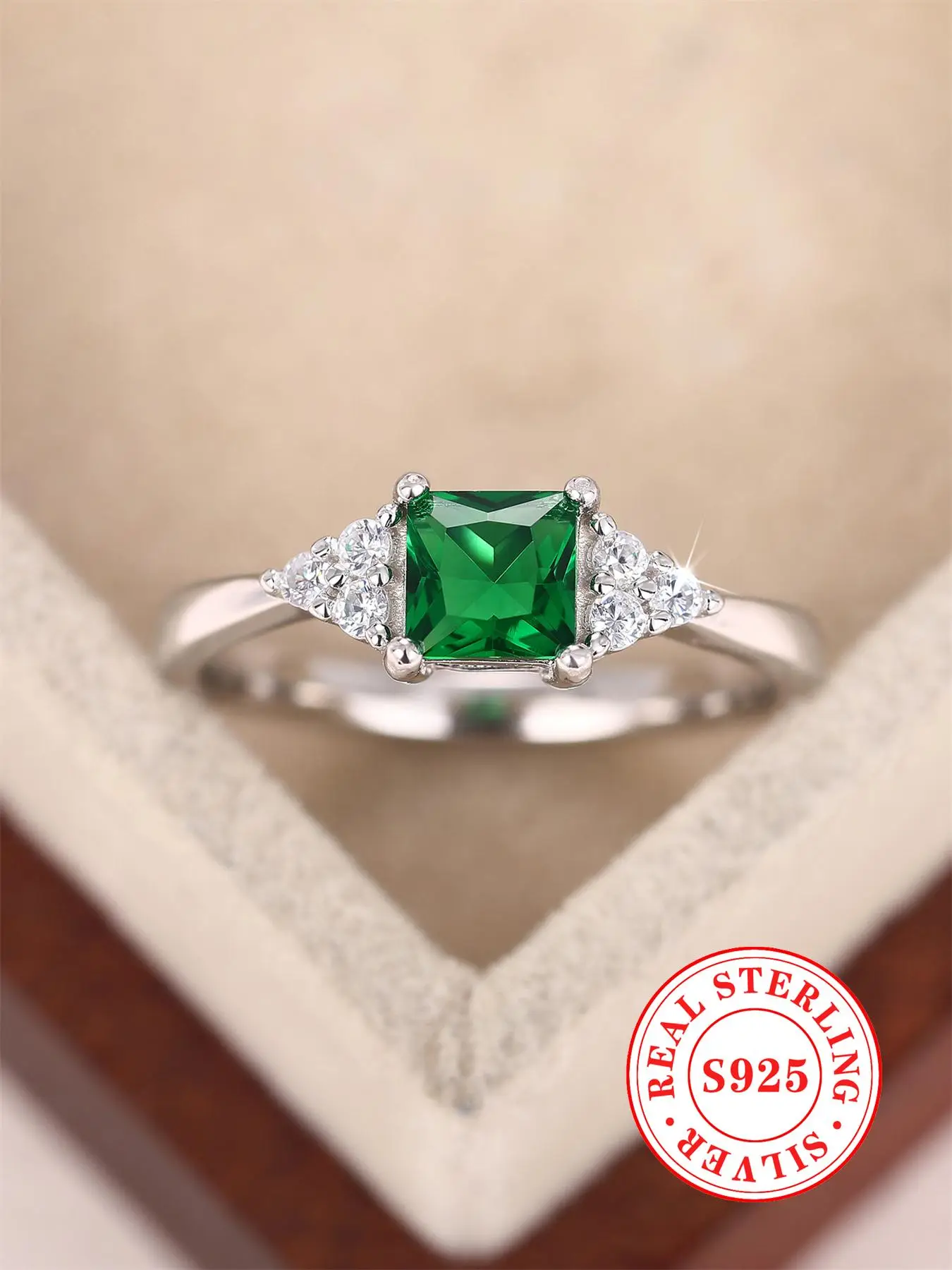 S925 Sterling Silver Fashion Green Rhinestones Decor Ring, Luxury Jewelry for Women, Trendy All-match & Exquisite Jewelry for Birthday Gift