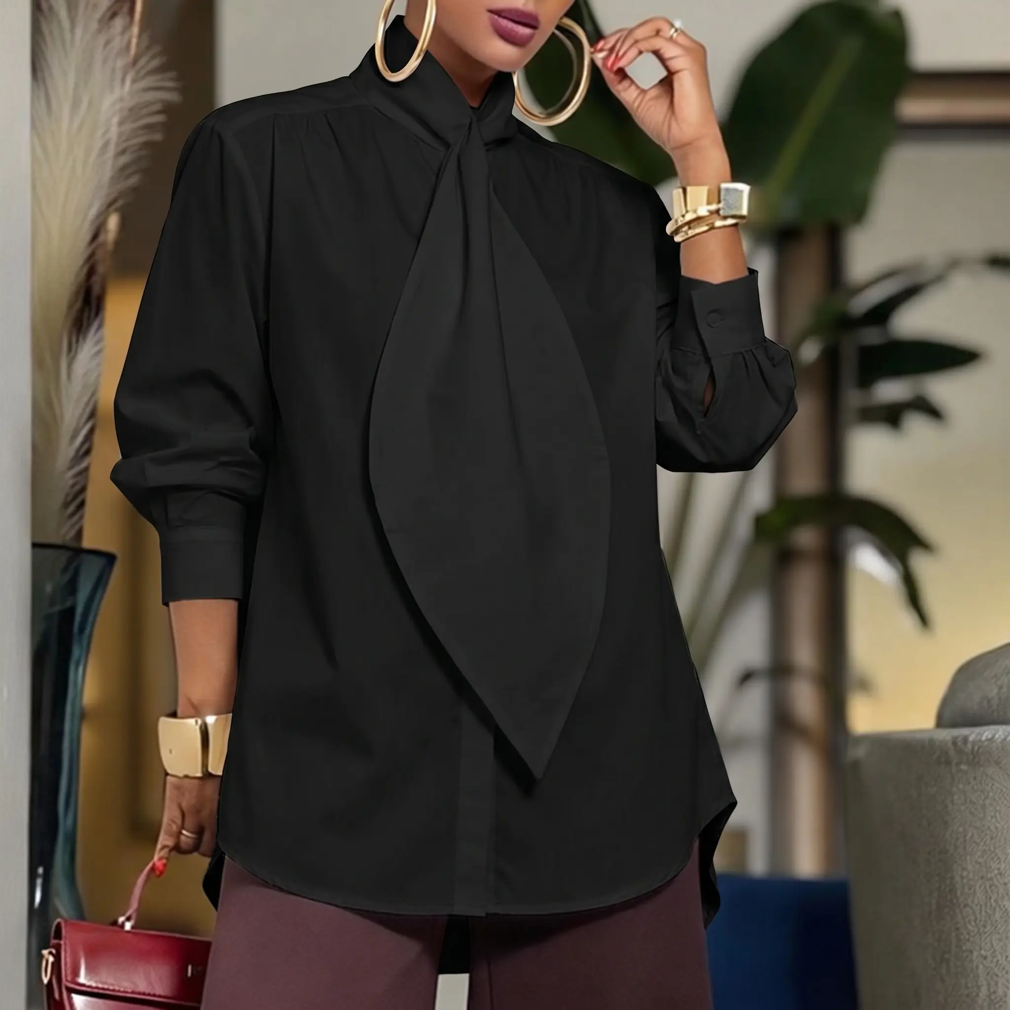 Women's Minimalist High-Neck Blouse with Large Leaf Tie - Basic Everyday Women's Clothes, Comfortable Solid Fitted Long Sleeve Tops for Casual Wear,back to school,back to school shopping, Longsleeves