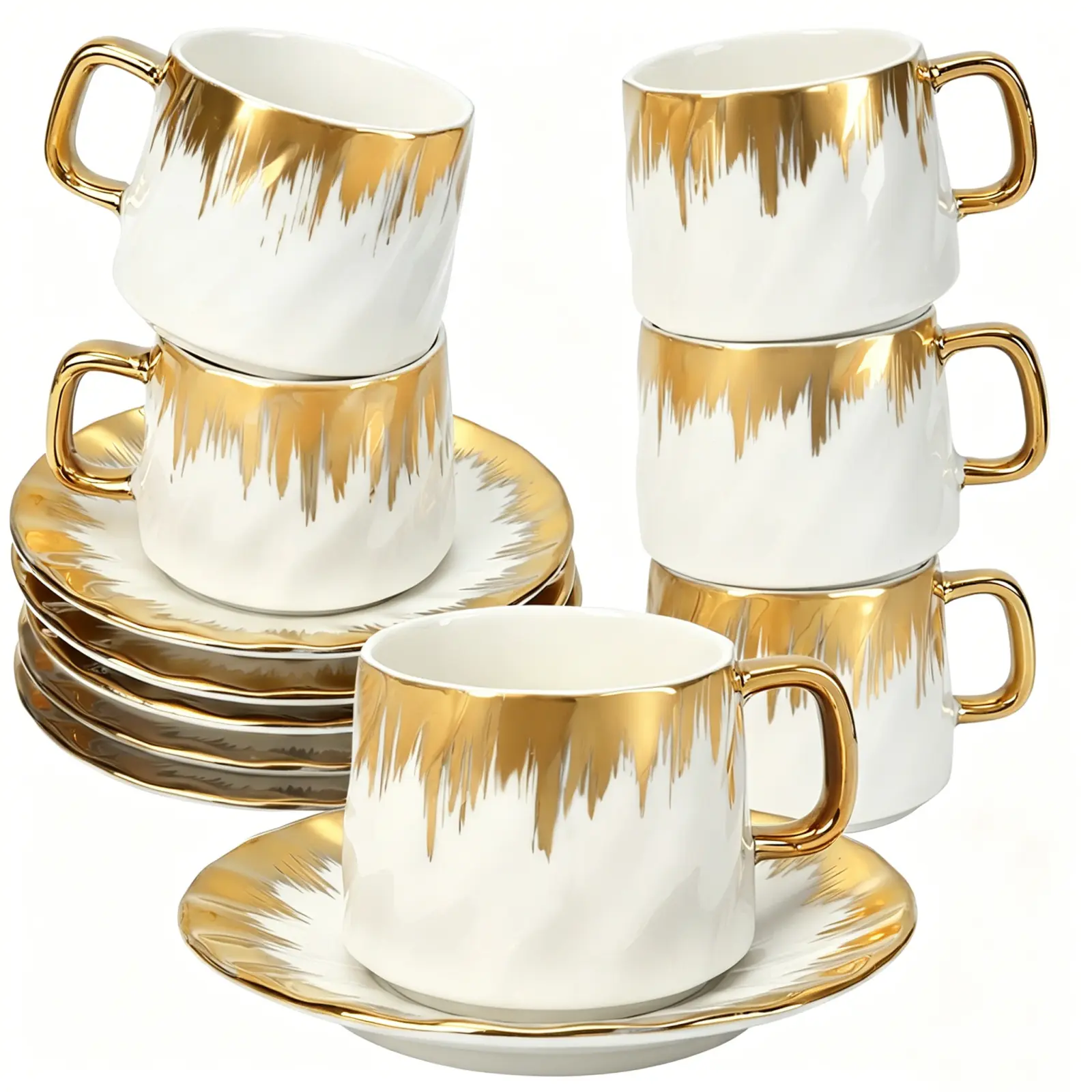 [Small Size] Coffee Cup Set of 6 with Saucers, 3.2 OZ Ceramic Espresso Cups Set, Gold Trim Turkish Coffee Cup Gift for Cappuccino, Latte, Cafe Mocha and Tea, Dishwasher & Microwave Safe