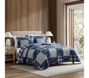 Eddie Bauer Moose Plaid Patchwork Blue Cotton King Quilt Set