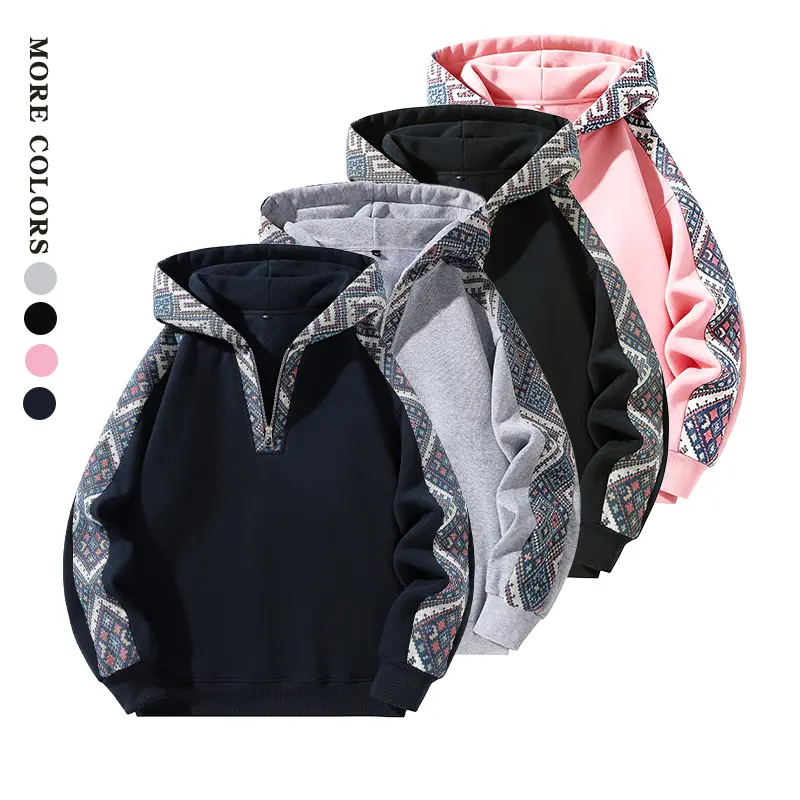 Men’s retro ethnic-style patchwork hooded sweatshirt, thick warm knit fabric pullover with half zip closure, everyday wear, trendy casual sporty style, slim fit menswear, men’s color-block patchwork hoodie, men’s half-zip hooded jacket