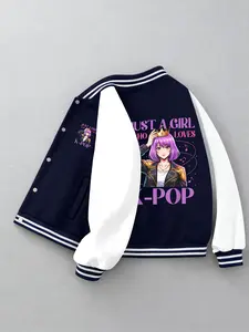 Unisex K-Pop Anime Print Baseball Jacket | Cute Korean Pop Style | Breathable Loose Fit | Winter Casual Wear | For School & Leisure | Perfect Gift for K-Pop Fans