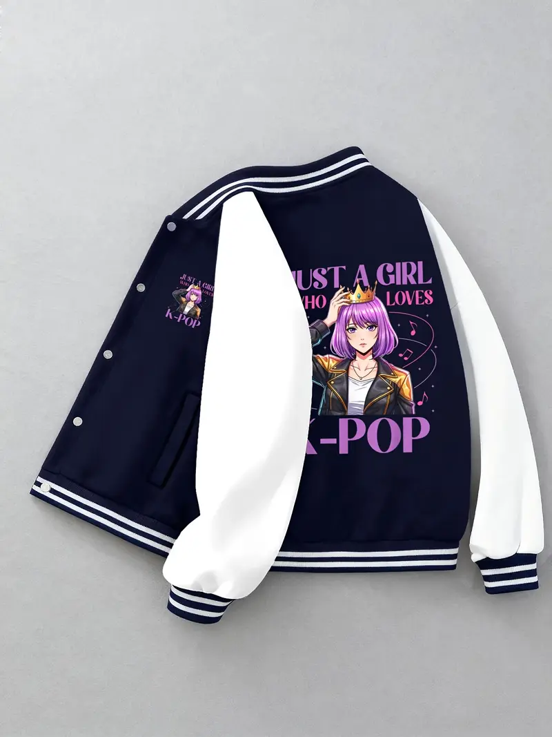 Unisex K-Pop Anime Print Baseball Jacket | Cute Korean Pop Style | Breathable Loose Fit | Winter Casual Wear | For School & Leisure | Perfect Gift for K-Pop Fans