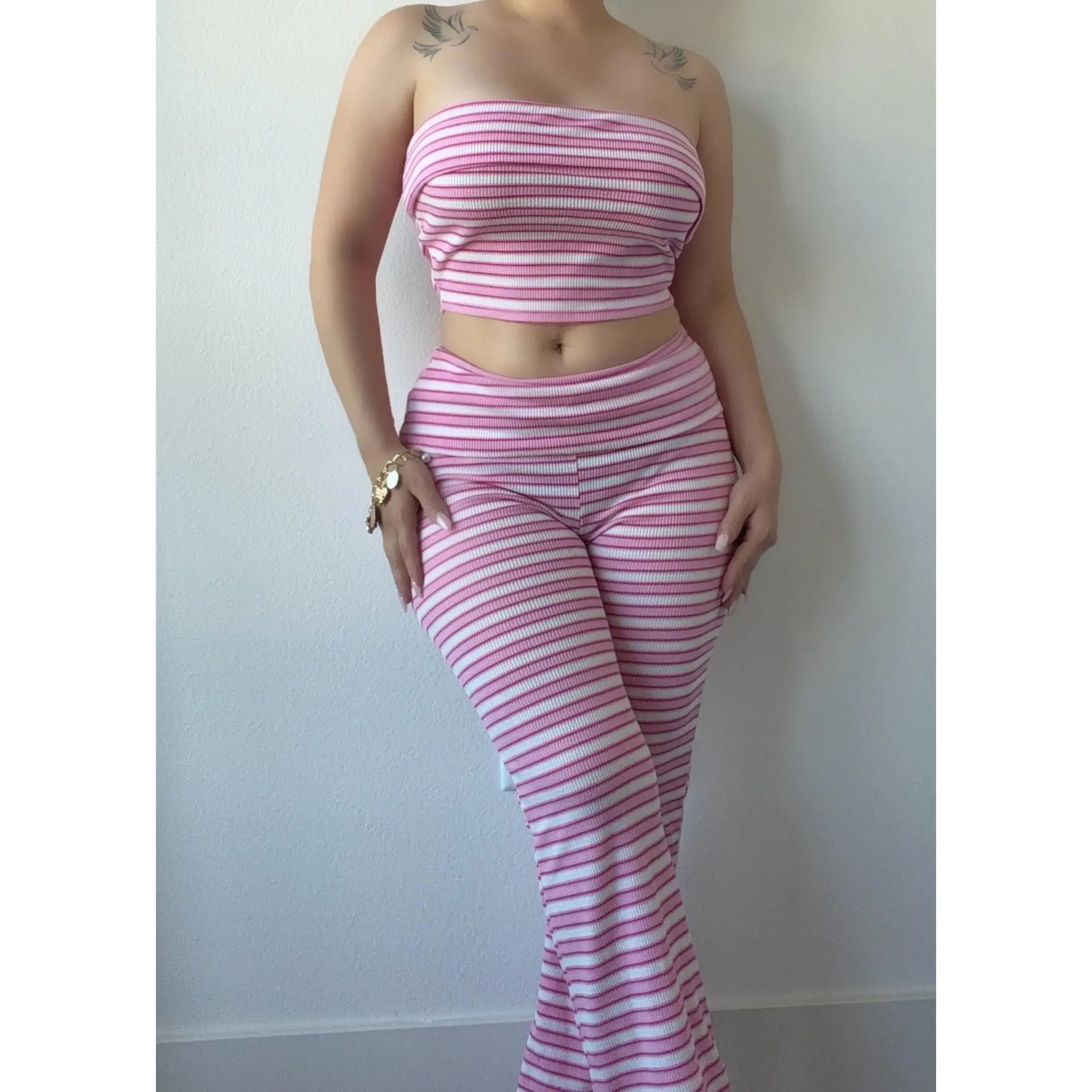 Pink Striped Tube Top & Flare Pants Set