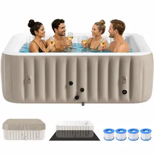 ABORON 4-6 Person Inflatable Hot Tub,Pool Square Portable Outdoor Spa Blow Up Hot Tub, with 130 Strong Air Jets, Leak-Proof PVC,Brown