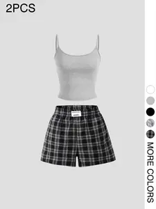 Viral TikTok Gingham Plaid Shorts & Cami Loungewear Set | 2-Piece Cozy Pajamas | Soft Stretchy Fitted Crop Tank & High-Waisted Shorts | Trendy Casual Matching PJs for Lounging & Sleep | Multiple Colors Available | Comfy Aesthetic Outfit