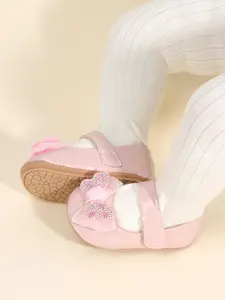 Baby Girl's Cute Bowknot Design Flat Shoes, Rhinestone Decorated Soft Sole Pu Leather Non-slip Shoes for Daily Wear, Baby, Shoes for Infant Toddler Kids, Baby Walking Shoes