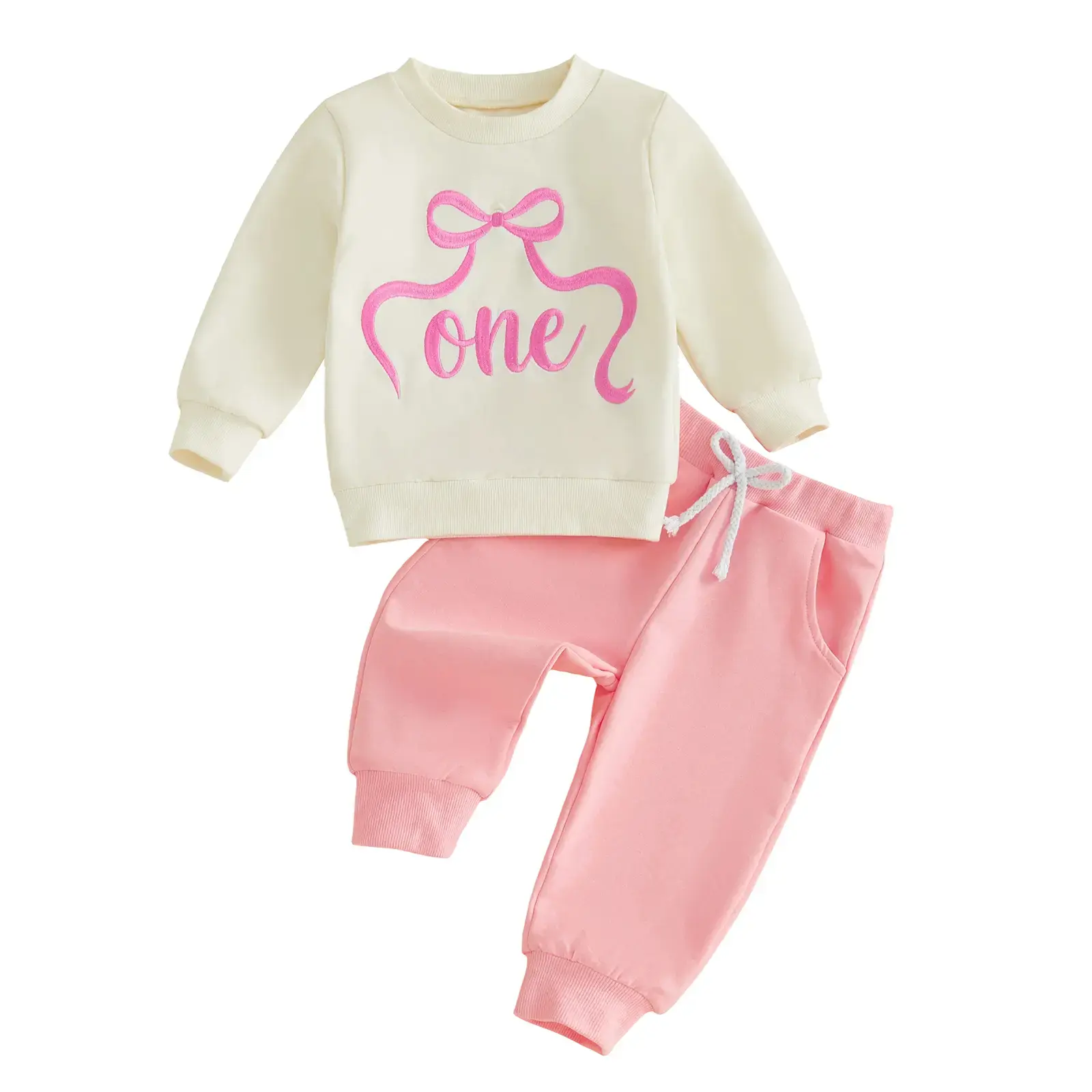 Infant Baby Girl First Birthday Outfit Long Sleeve Embroidery Letters Bow Sweatshirt with Sweatpants Clothes 6-18 Months