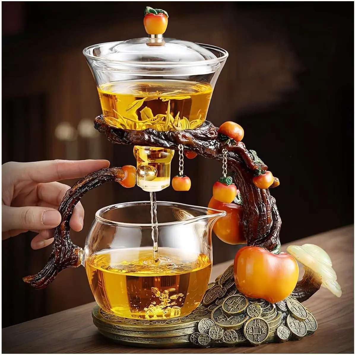Transparent Semi-Automatic Magnetic Kungfu Glass Teapot Set with Stainless Steel Spout, Heat-Resistant Drip Design, Magnetically Rotatable Cover Bowl, Residuefree Filter for Home, Office
