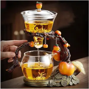 Lazy Kungfu Magnetic Tea Pot, Semi Automatic Glass Teapot, Heat Resistant Kungfu Drip Tea Set, Magnetic Attraction Water Rotating Cover Bowl Suitable for Home/Office (Transparent color)