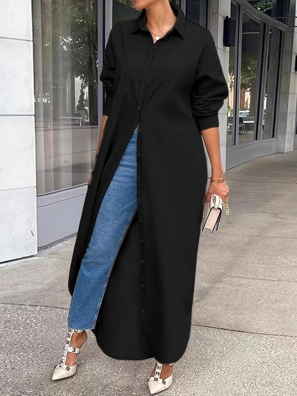 Women's Solid Button Design Longline Shirt, Casual Chic Minimalist Long Sleeve Outerwear for Daily Wear, Ladies Clothes for All Seasons, Longsleeves Top, Casual Classy Elegant