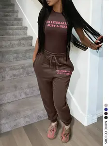 Women's Fashion Casual Colorblock Letter Print Round Neck Short Sleeve Fitted Tee and Waist Drawstring Pants Two-Piece Matching Set Outfit