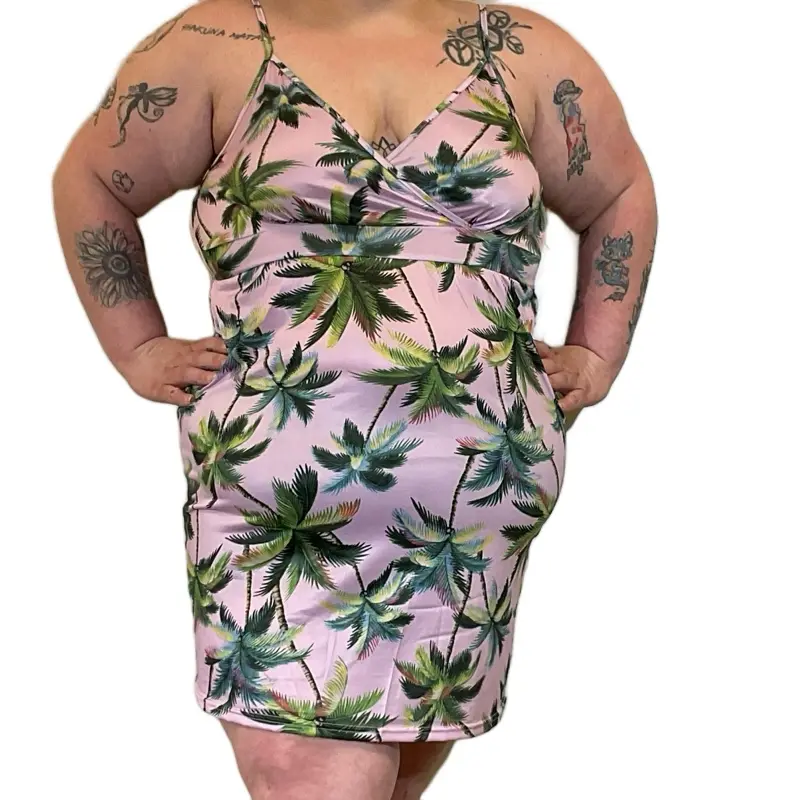 Women's Silk Pink Palm Tree Dress - Casual Womenswear with Tropical Leaf Print Comfort