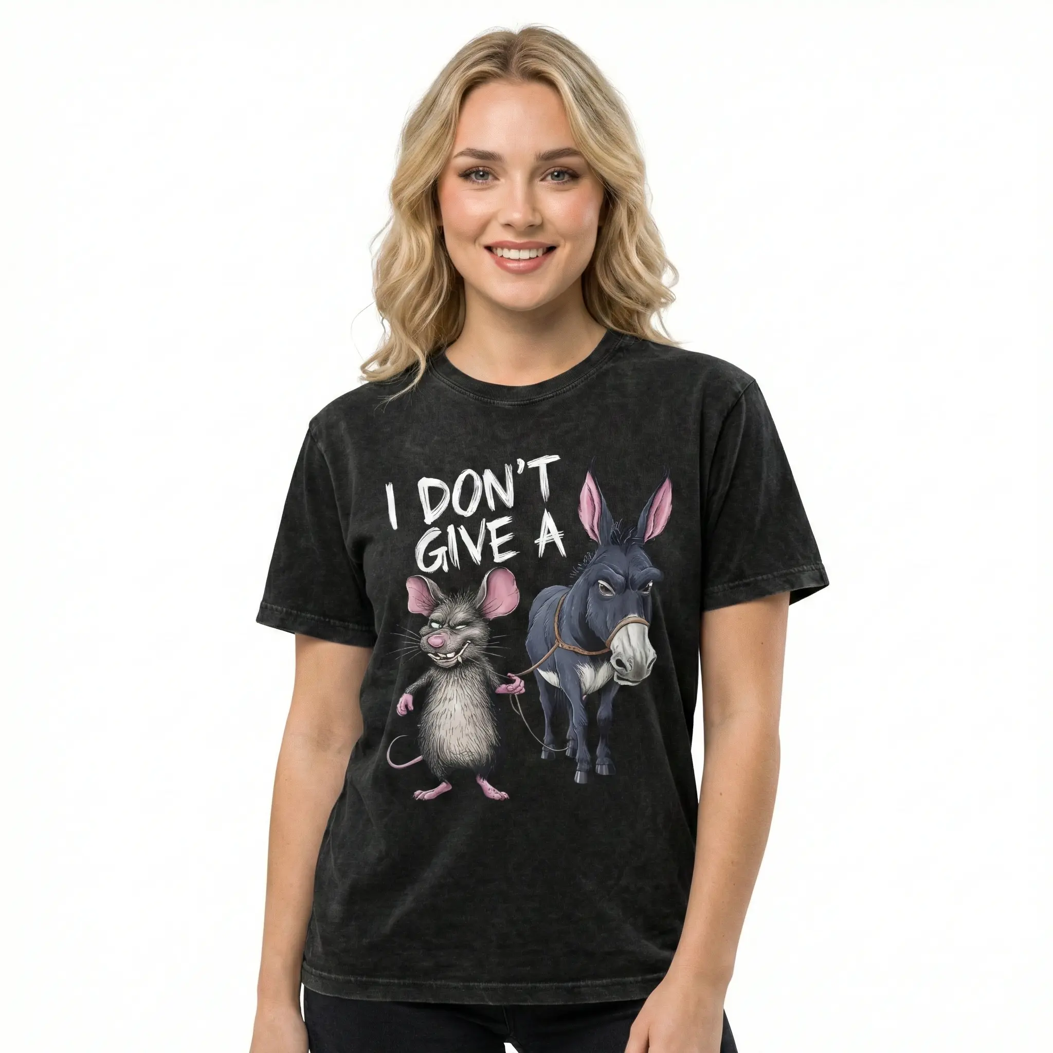 Women's Funny Meme "I Don't Give A" Mouse & Donkey Graphic Vintage T-Shirt, Short-Sleeve Round Neck, Casual Loose Comfortable Everyday Top, Machine-Washable Humor Summer Tee, tiktokshopspringglowup,summervibes