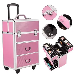 Lockable 4 Tier Cosmetic Makeup Train Case Pink Extendable Trays Perfect for Professional Makeup Artists