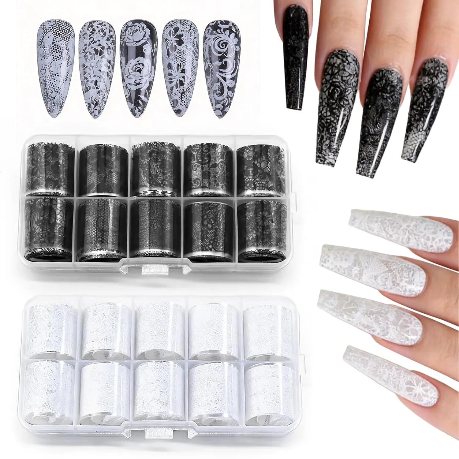 2 Box 20 Rolls Lace Nail Foil Transfer Sheets Black White Floral Starry Nail Art Stickers Rose Daisy Leaf Decals Lace Foil Decal, Nail Design, Flower Nails