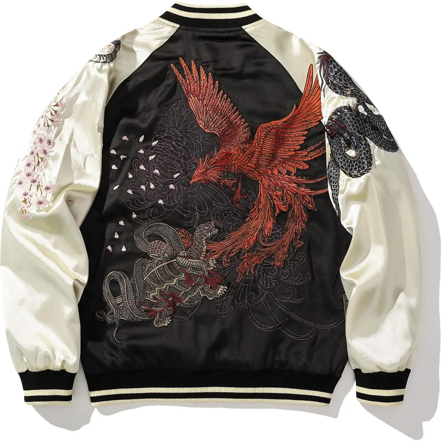 Phoenix Embroidered Men's Bomber Jacket Japanese Style Oversized Streetwear Full-Zip Spring Fall Windbreaker Coat