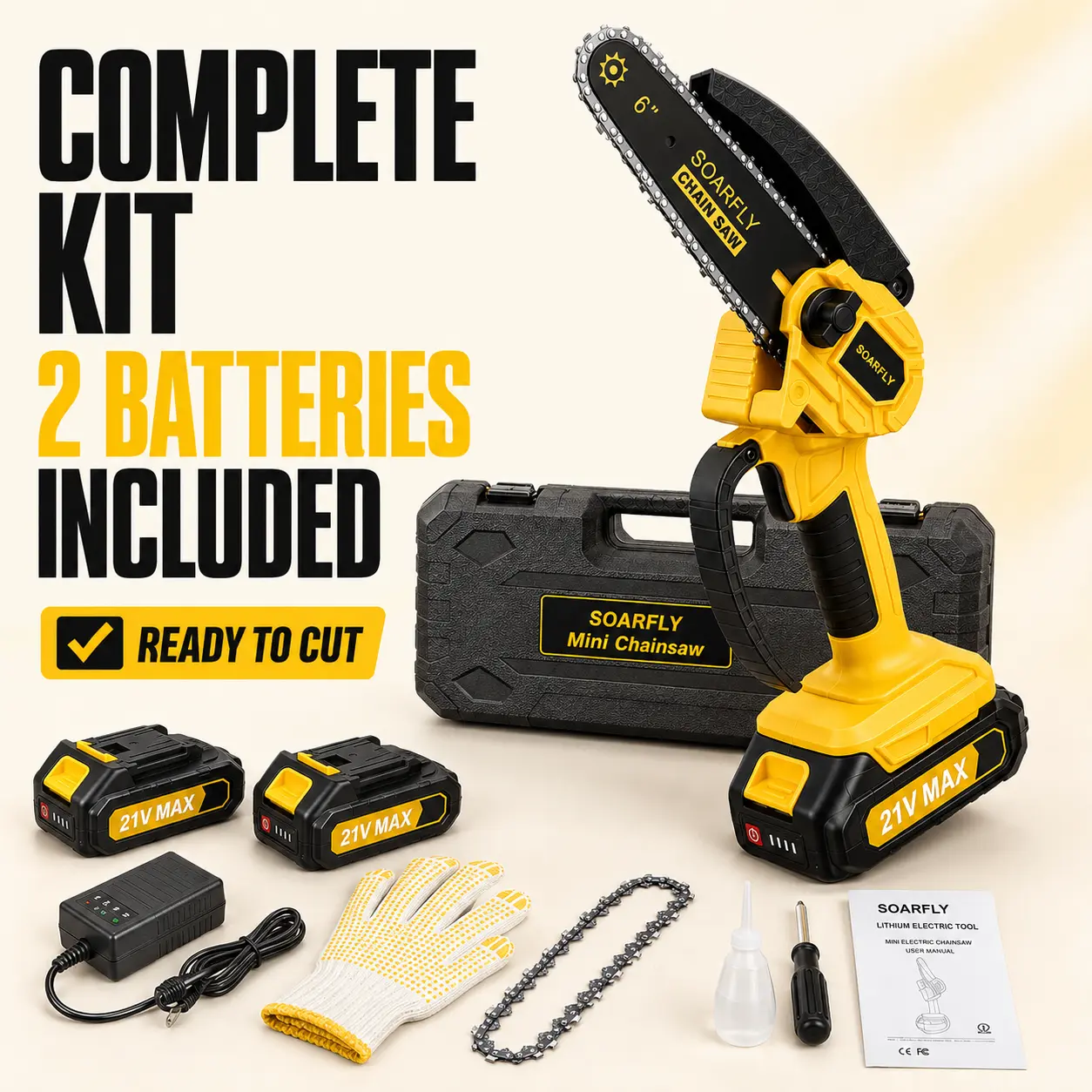 SOARFLY 6-Inch Cordless Mini Chainsaw with 2 Batteries, 21V Lightweight One-Hand Electric Chainsaw, Tool-Free Chain Tension & Safety Lock for Tree Trimming and Yard Work