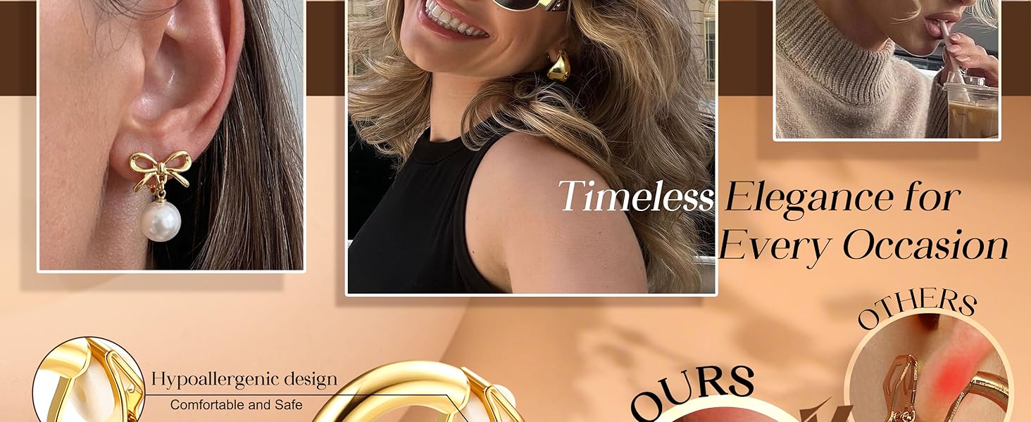 LOLIAS Clip On Earrings for Women 14K Gold Plated Clip Earrings Non Pierced Ears Clips CZ Pearl Knot Twist Chunky Hoop and Studs Earring Set Hypoallergenic Fake Earings Jewelry