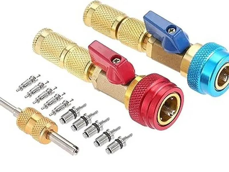 R134A Valve Core Quick Remover Installer with High and Low Side Quick Couplers，for R134A Refrigerant Air Conditioner System，10 Replacement Valve Cores and Dual-End Wrench
