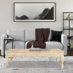 Farmhouse Style 71 in. Long Solid Wood Coffee Table In Distressed White Finish