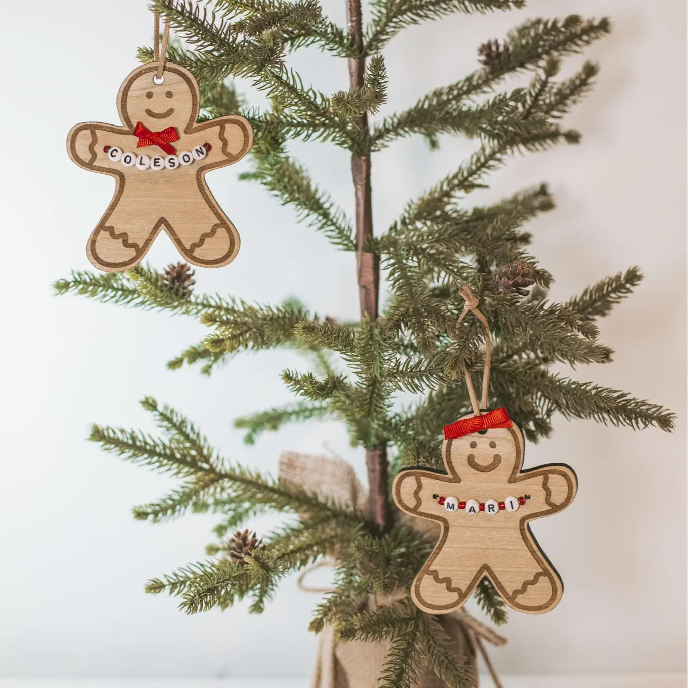 Custom Gingerbread Wooden Holiday Ornament with Personalized Name Beads