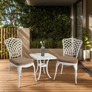 【Bellemave】Bistro Set 3 Piece Rustproof Cast Aluminum Patio Furniture Sets 2 Chairs and 1 Round Table Outdoor, Garden, Patio,  Balcony, with cushion white